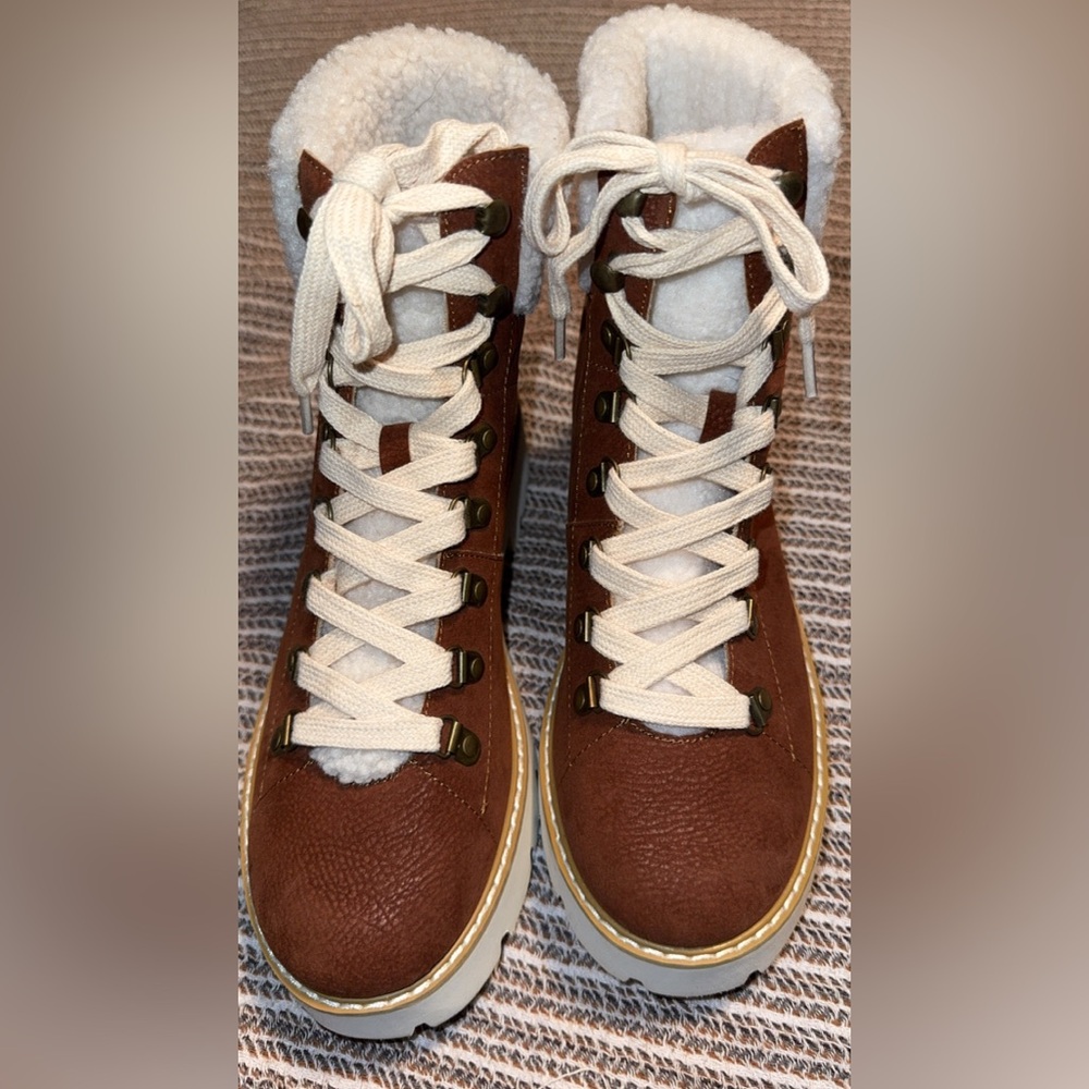 Women's Brown Faux-Shearling Lace-Up Ankle Booties - Picture 3 of 6